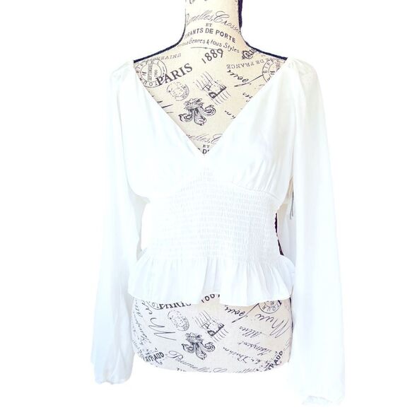WAYF Smocked Waist Raglan Top in White - Picture 2 of 11